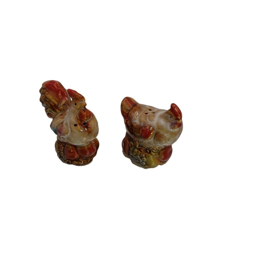 Vintage Ceramic Chicken & Rooster Salt and Pepper Shakers Multi Colored Glaze